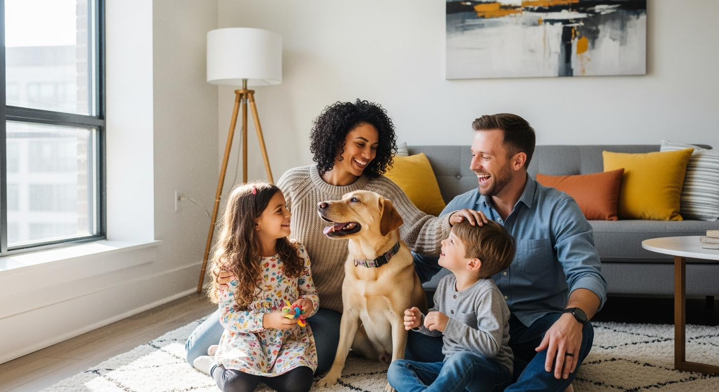 A family sitting on the rug of their rented apartment with a labrador