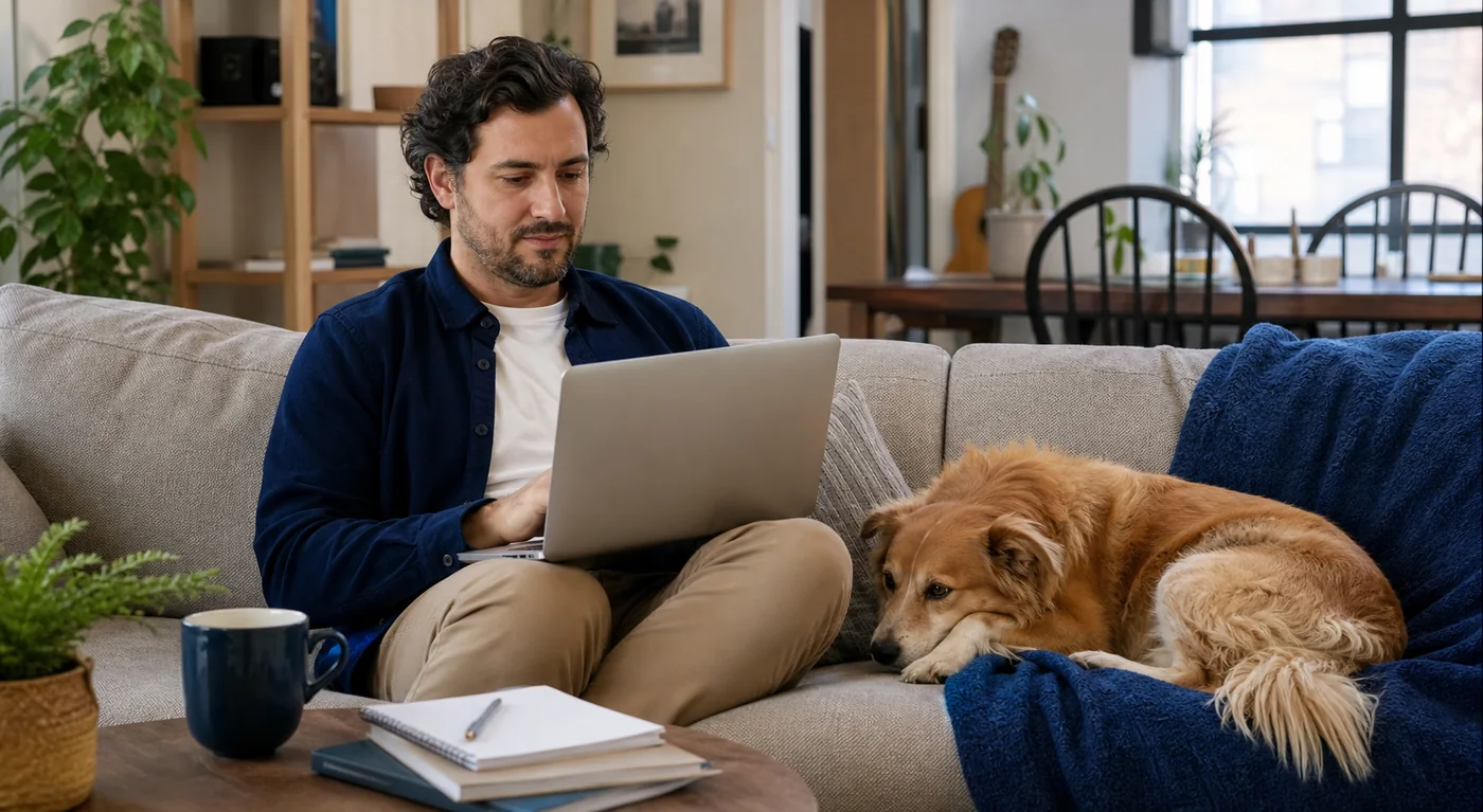 A man writing on his laptop at home while his dog rests on the sofa beside him