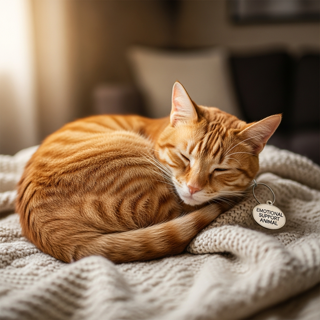 A ginger cat asleep on a knitted blanket wearing an emotional support animal tag