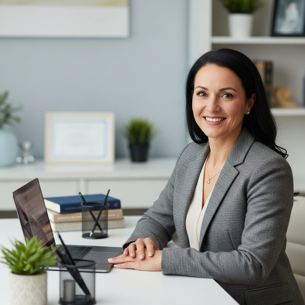 A licensed clinician at a desk with paperwork and a laptop