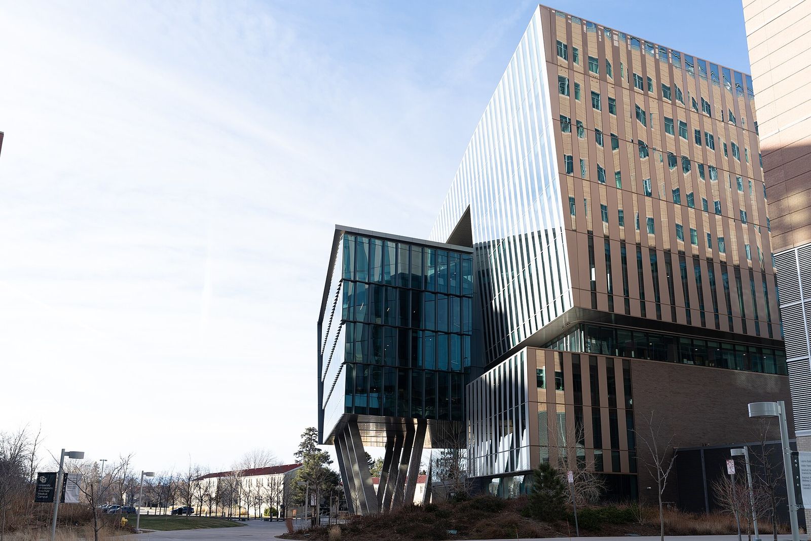 Angular glass and brick Anschutz Health Sciences Building on the CU Anschutz Medical Campus
