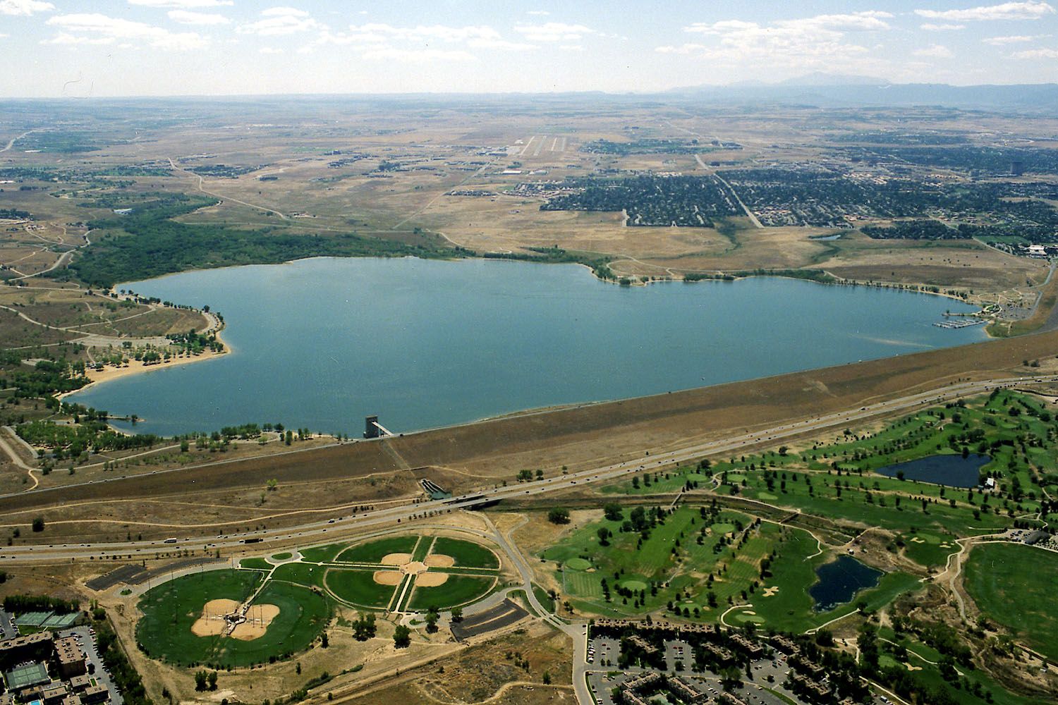 Aerial view of Cherry Creek Reservoir and surrounding neighborhoods on the Aurora side of the metro area