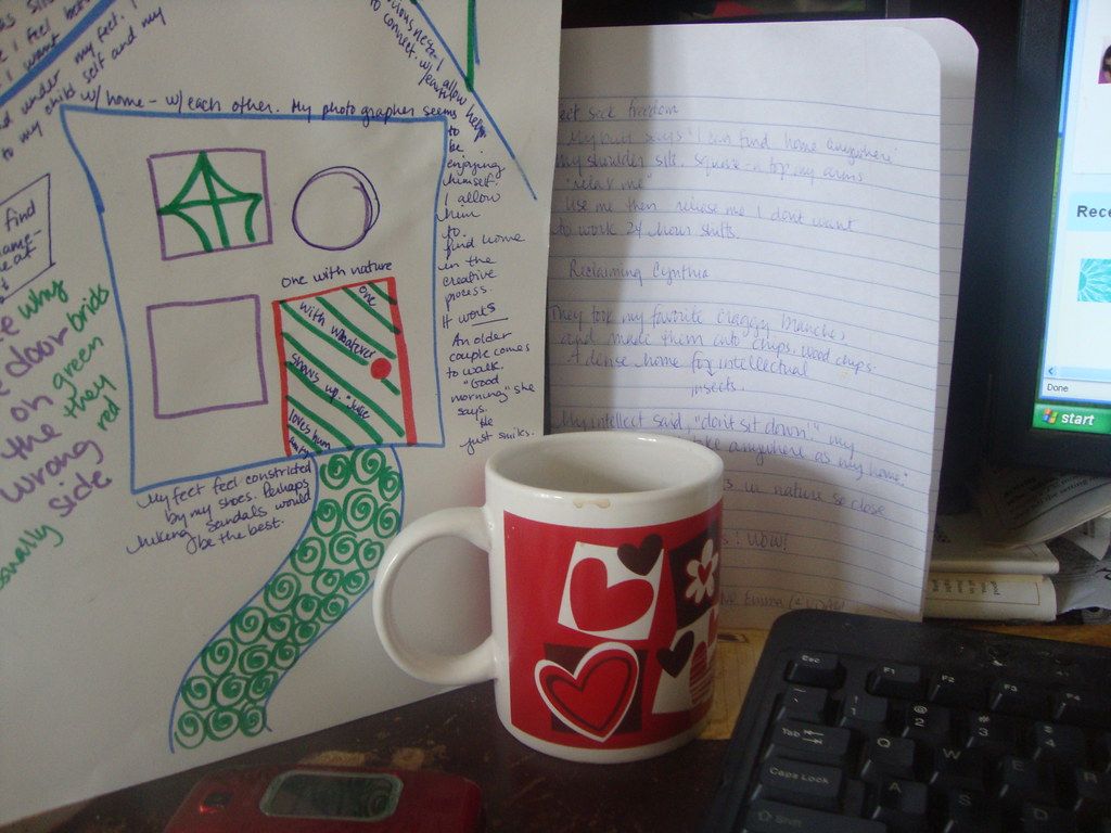 Open journal with handwritten notes and drawings beside a red heart mug on a desk