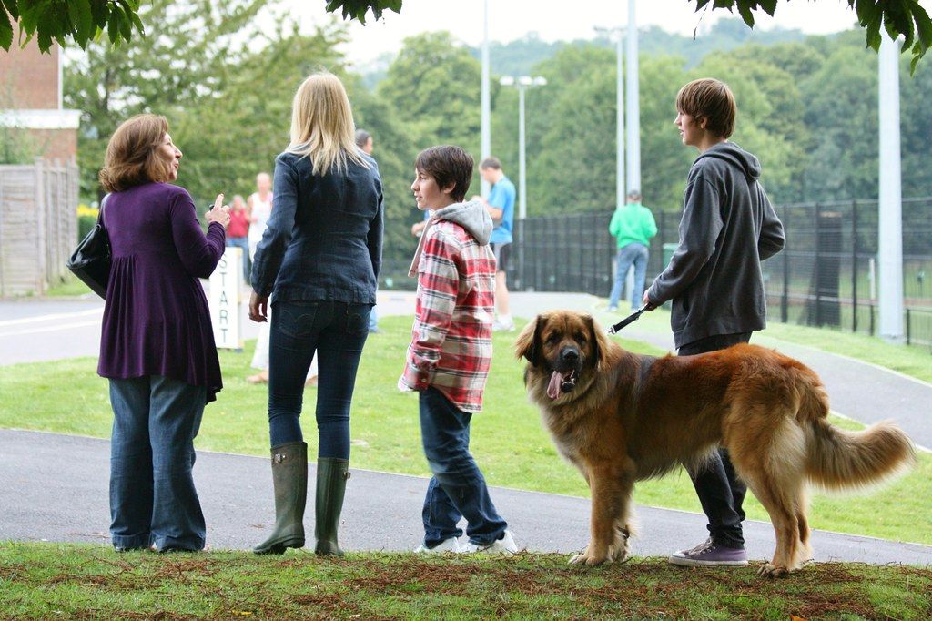 Family standing on a path with a large Leonberger dog on a leash