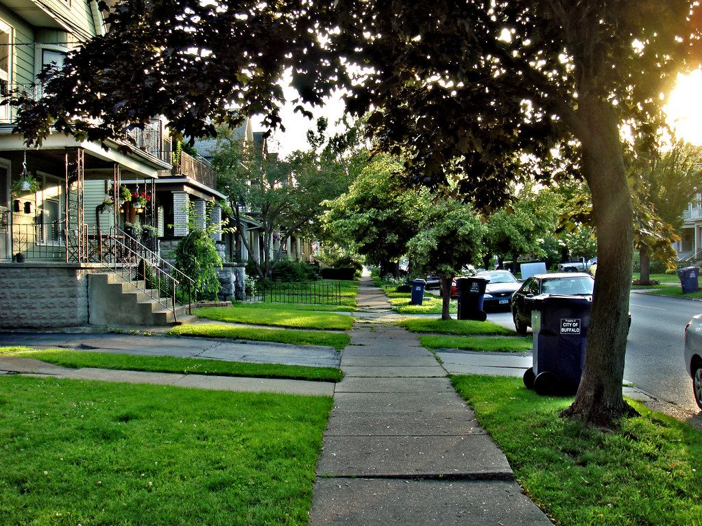 Sidewalk between green lawns and trees in a quiet residential neighborhood