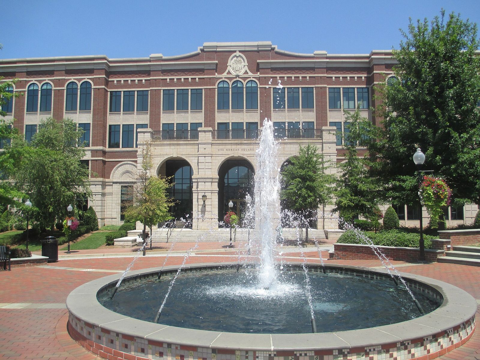 Fountain and trees at Morgan Square in downtown Spartanburg