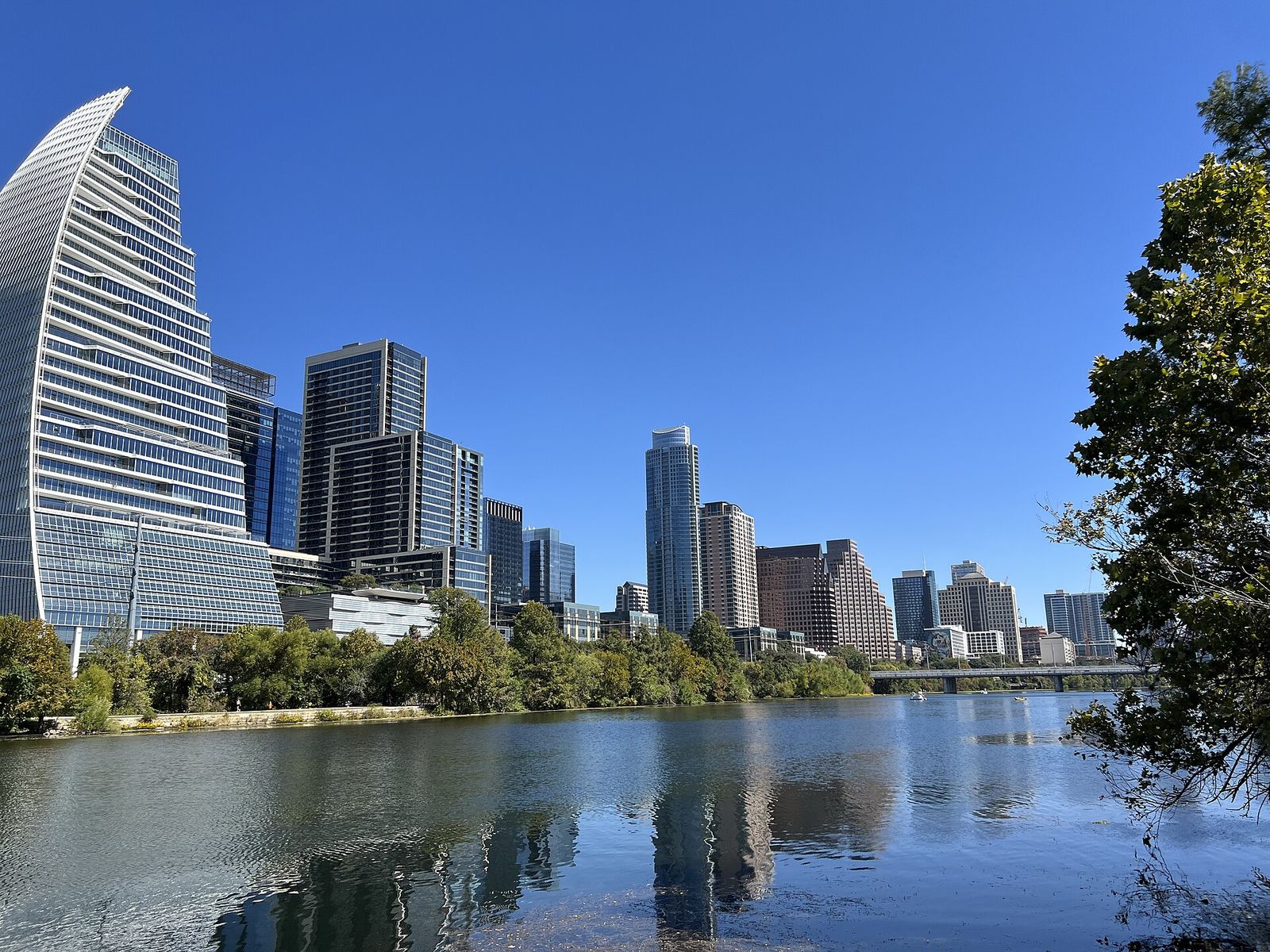 Calm green water and wooded shoreline along Lady Bird Lake in Austin