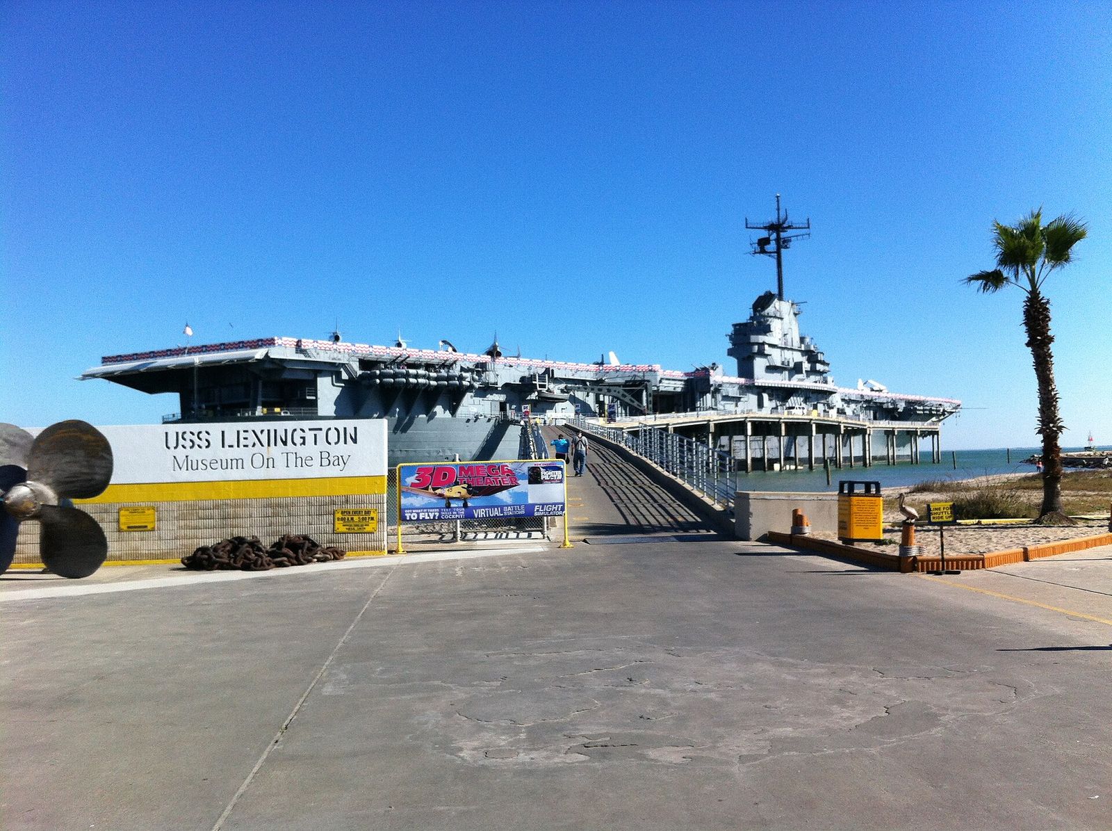 USS Lexington museum ship docked on the Corpus Christi bayfront with a palm tree in view