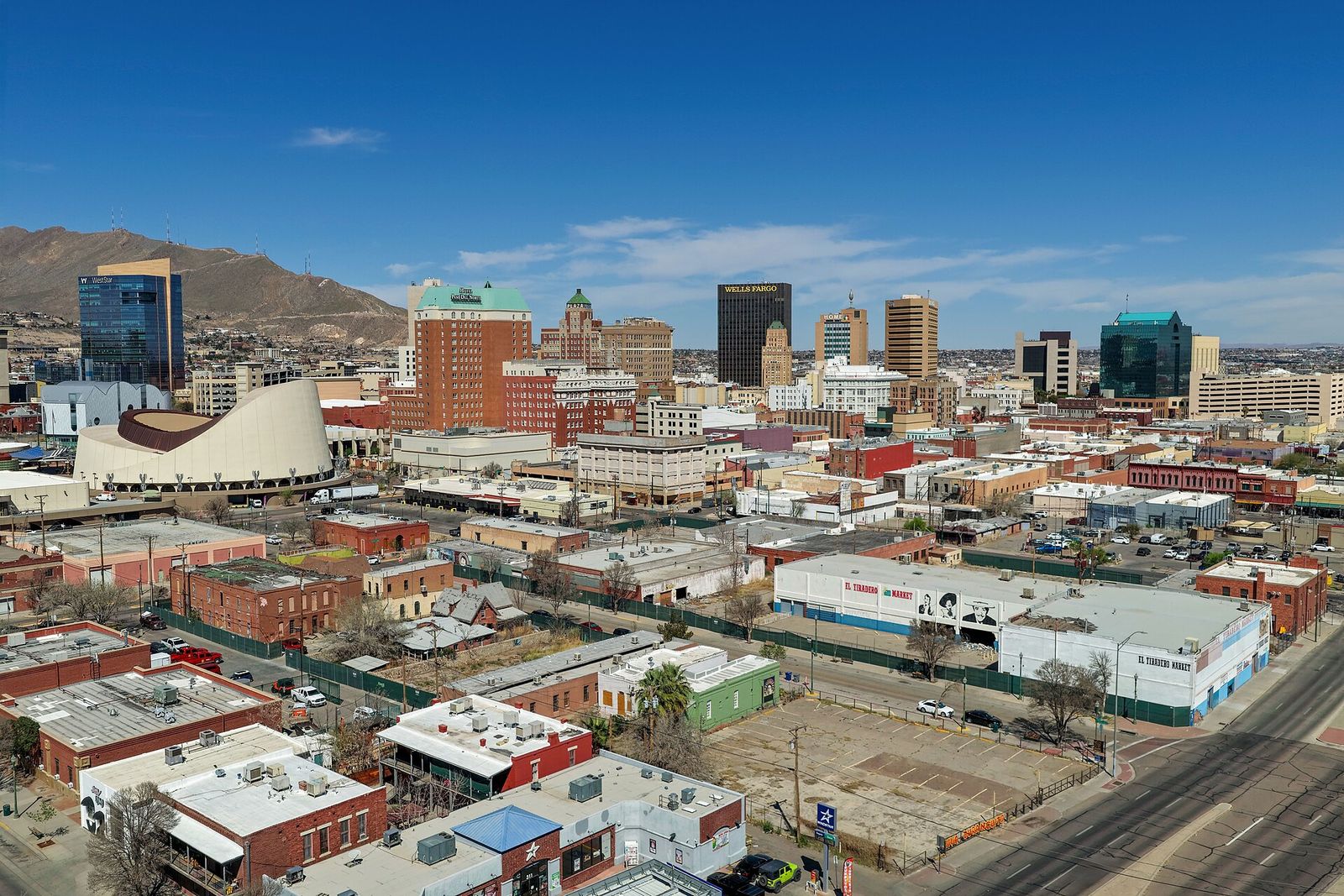Aerial view of downtown El Paso buildings under a blue sky