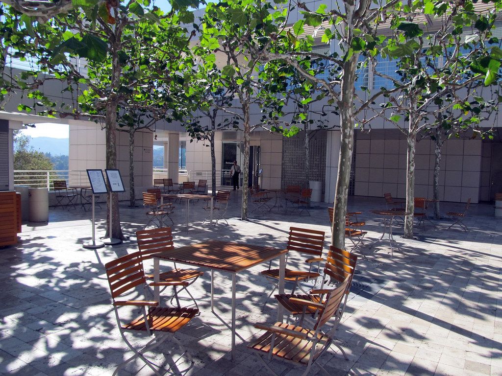 Sunny restaurant patio with wooden folding chairs and small tables under young trees