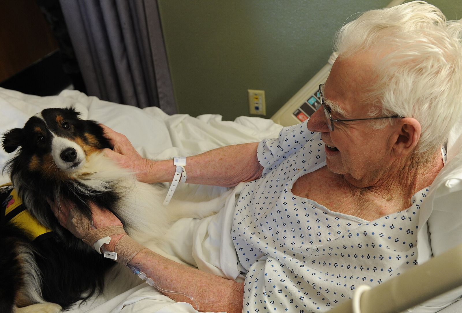 Older man in a hospital bed smiling as he pets a visiting therapy dog