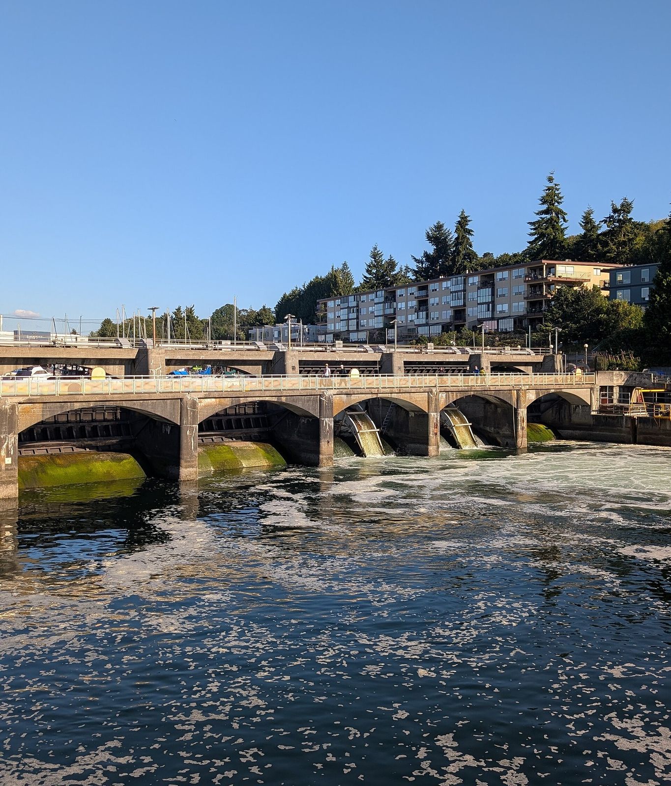 Boats passing through the Ballard Locks with the footbridge above