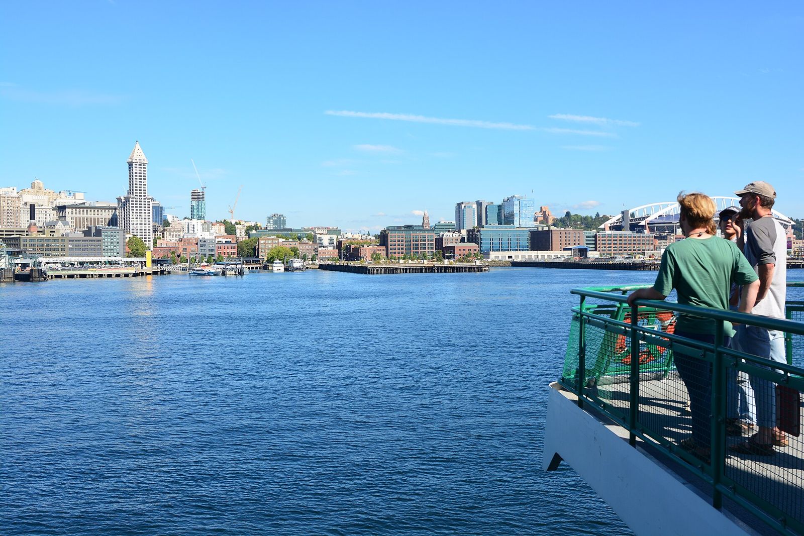Washington State ferry arriving at the Seattle waterfront on a summer day