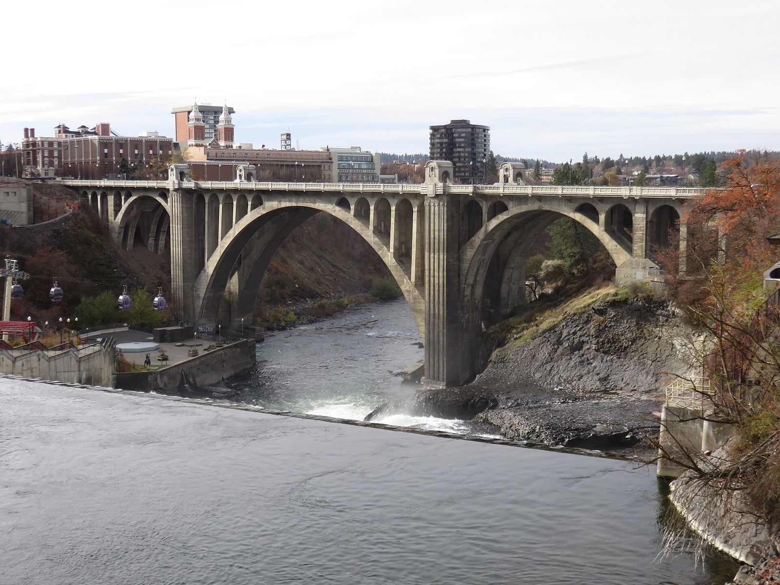 The concrete arches of the Monroe Street Bridge over the Spokane River
