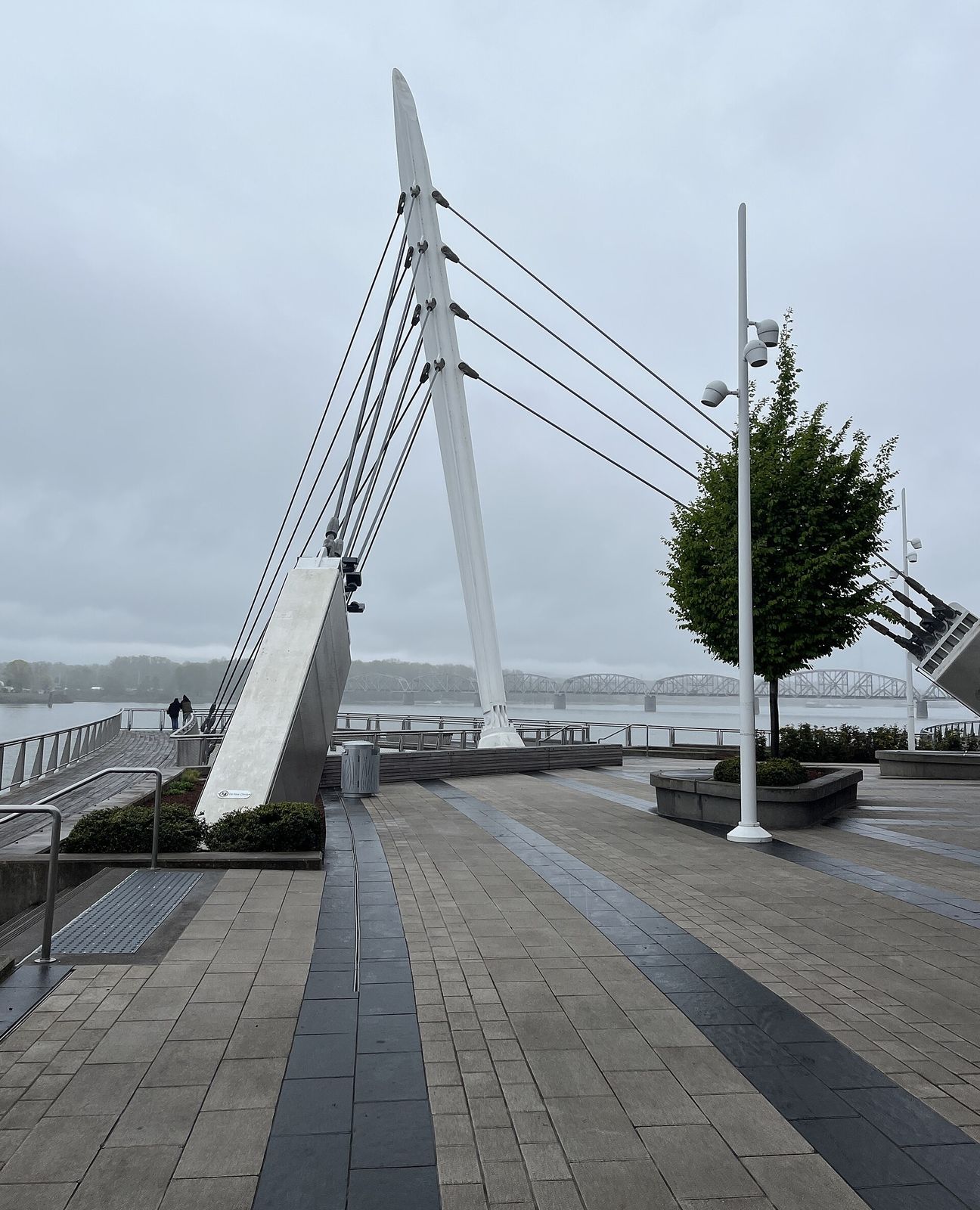 The cable-stayed Grant Street Pier reaching over the Columbia River at the Vancouver Waterfront