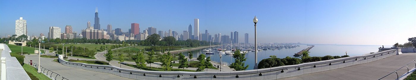 The Chicago lakefront skyline seen along the shoreline
