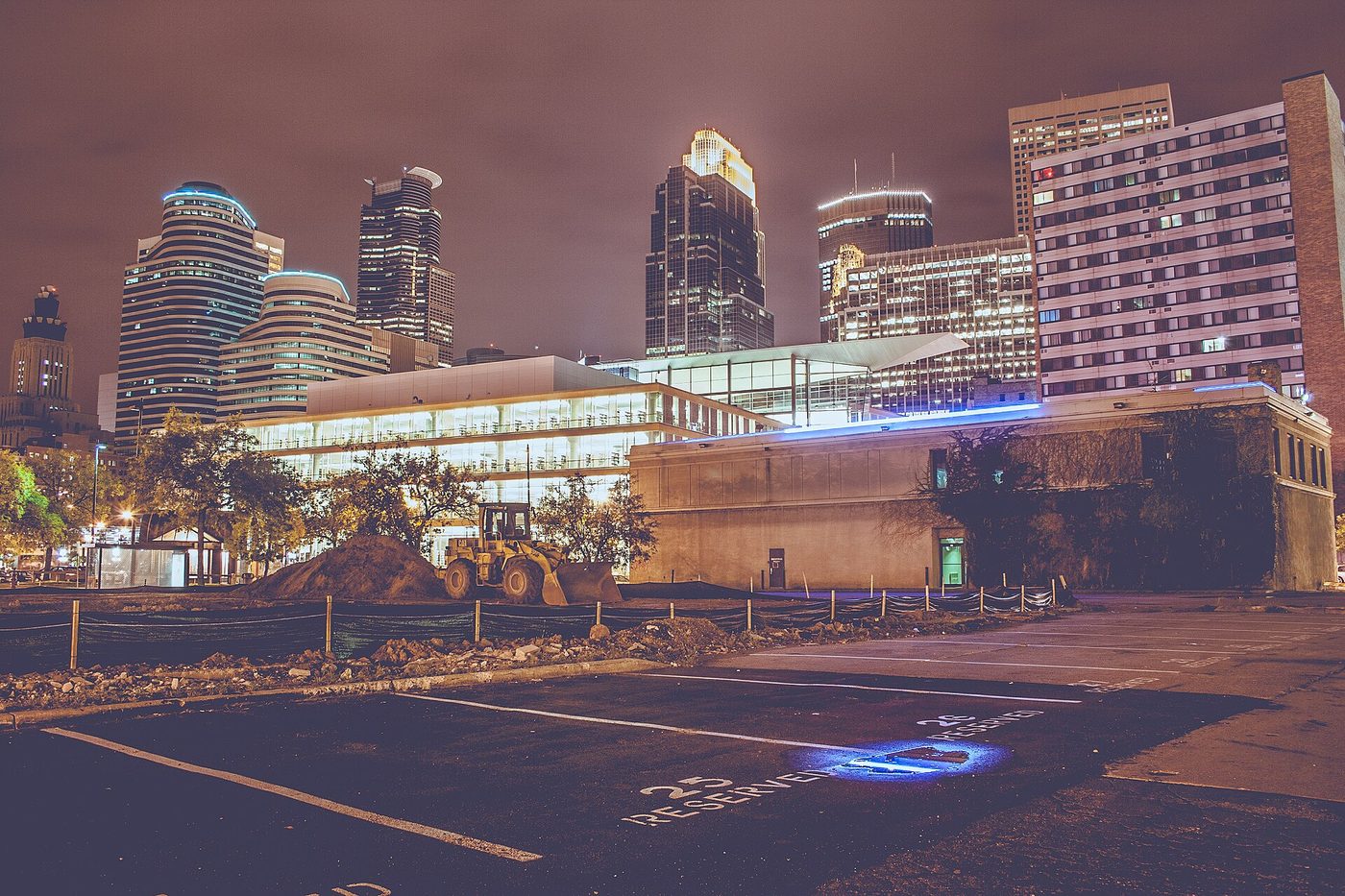The Minneapolis skyline at dusk seen from street level