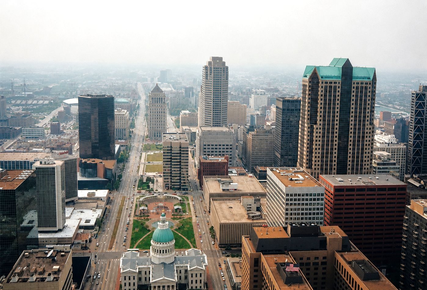 Downtown St. Louis seen from above, looking west from the riverfront