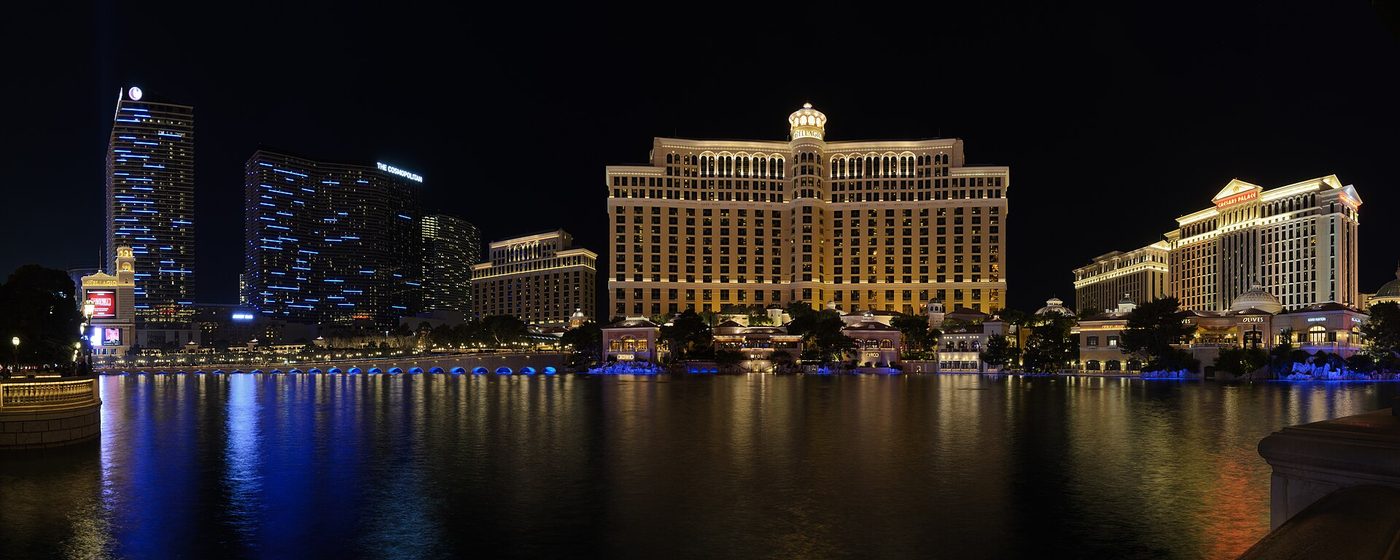 The Las Vegas skyline reflected in water at night
