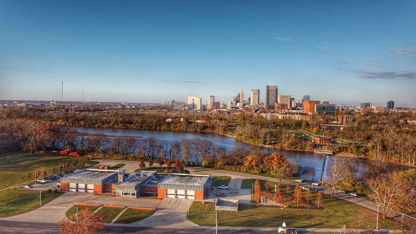 The Columbus skyline seen across the river