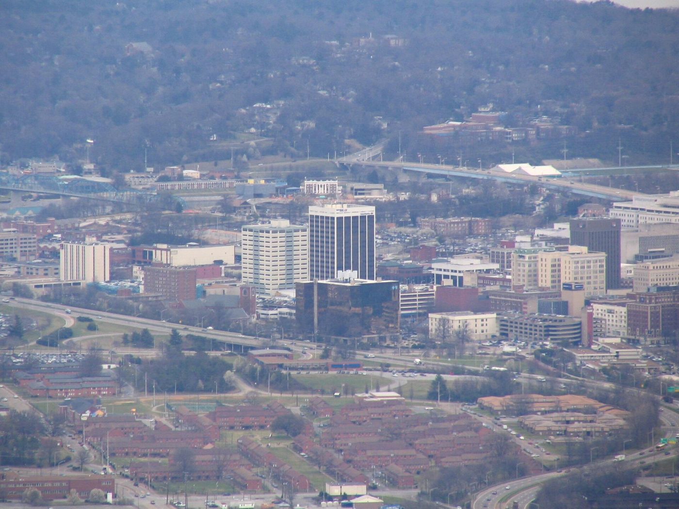 Chattanooga seen from Lookout Mountain, the river bending past the downtown blocks