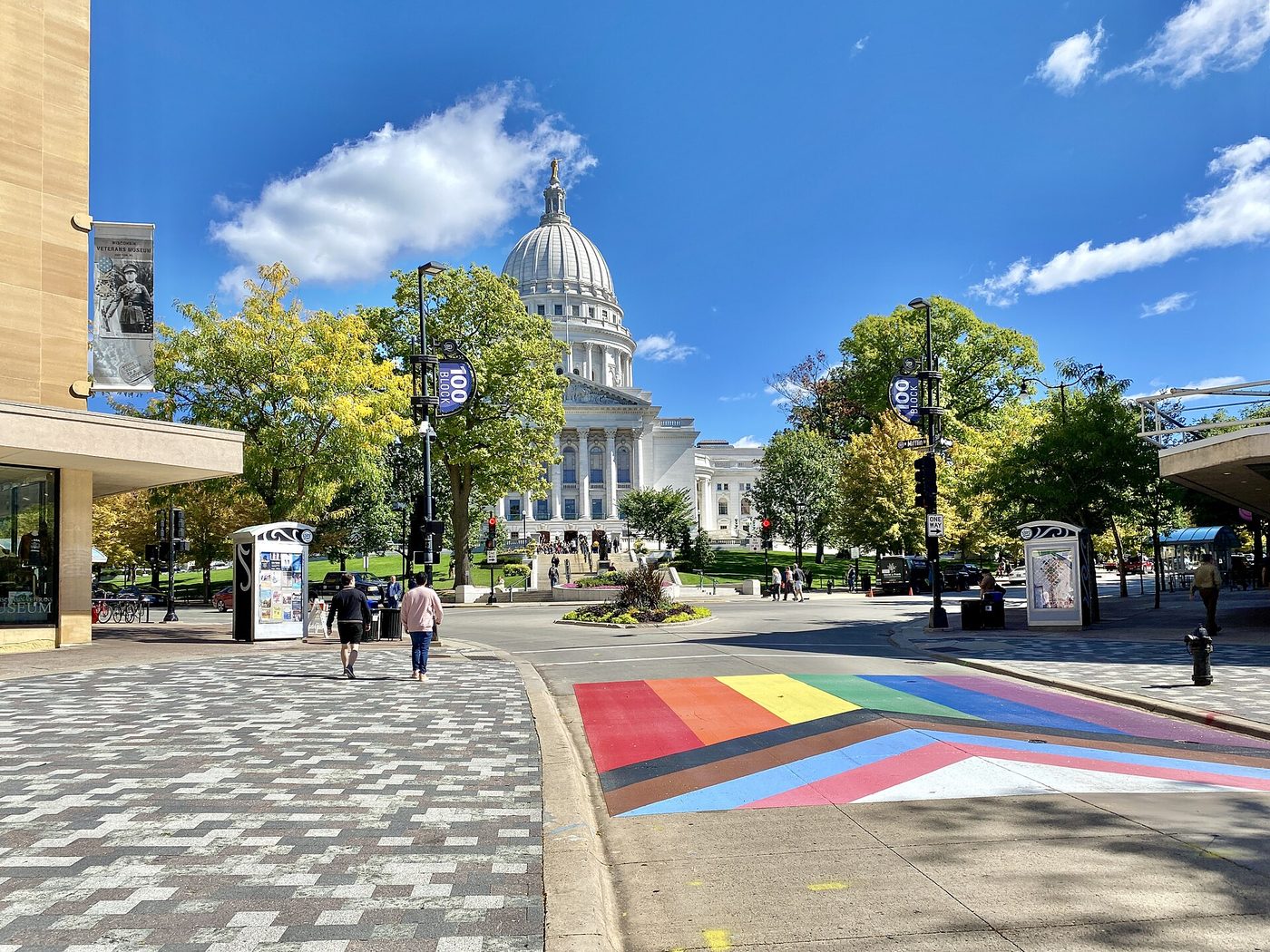 Capitol Square in Madison, the dome above a pedestrian street on a clear autumn day