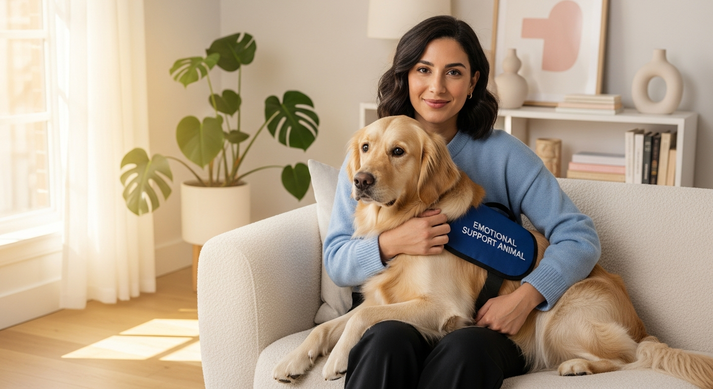 A golden retriever wearing a blue emotional support animal vest beside its owner